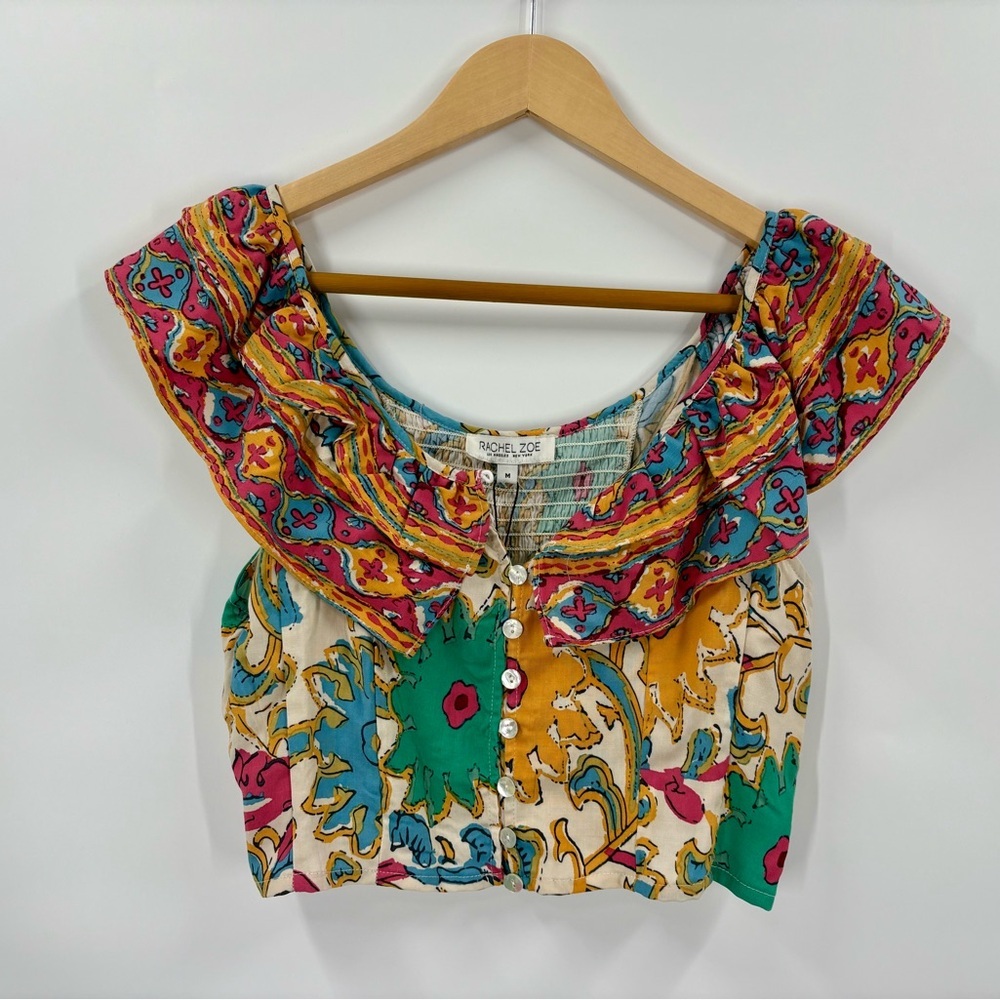 NWT Rachel Zoe Boho Floral Geometric Ruffled Flutter Shoulder Crop Top Sz M